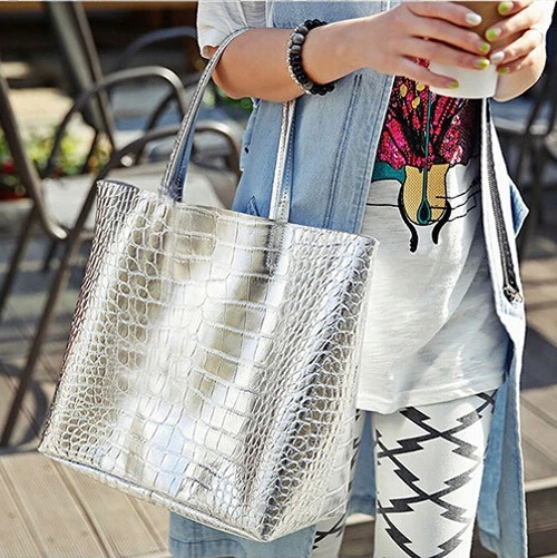high quality genuine leather European style big tote bags cowhide designer handbags shopping bags gold silver