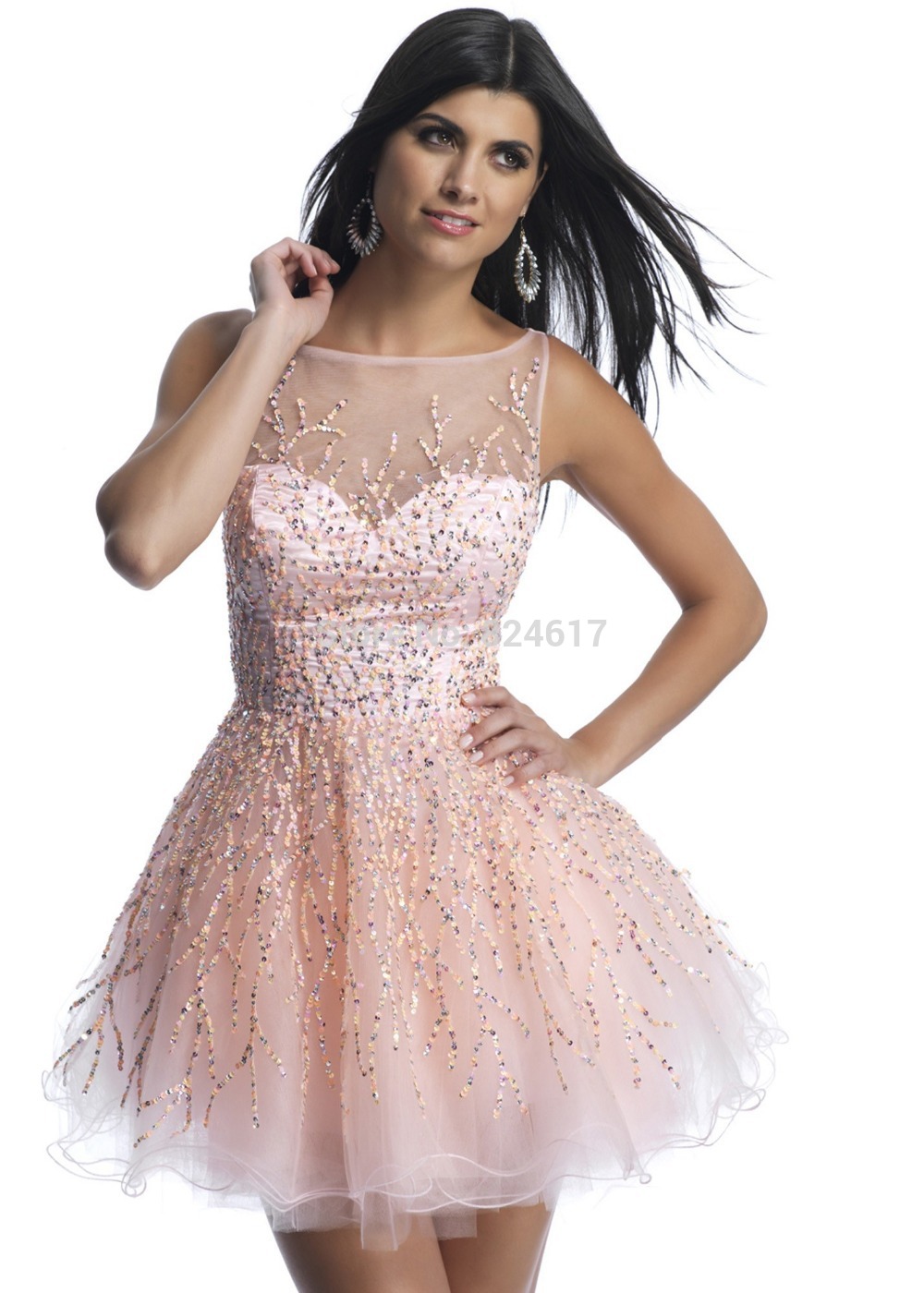 -16-Dresses-Short-Cute-Tulle-High-Neck-Sequin-Pink-Homecoming-Dresses ...
