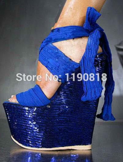 2014 Blue black silk fabrics cross strap sandals sequins ultra high heels wedge sexy female sandals