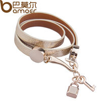 Bamoer Luxury Real 18K Gold Plated Genuine Pink Wrap Leather Bracelet Three Circle Jewelry for Women