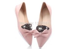 2014 New Arrival Low Heel Bowtie Diamond Glitter Pointed Toe Women Comfortable Flat Shoes