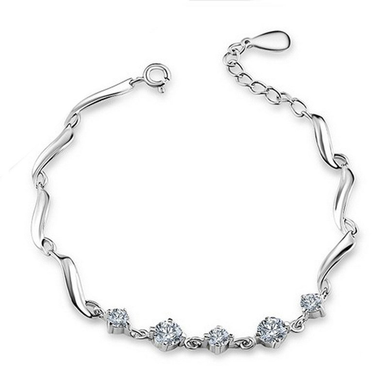 Real 925 Pure Silver Fashion Elegant Women s AAA Grade Cubic Zirconia Chain Link Bracelets Wholesale