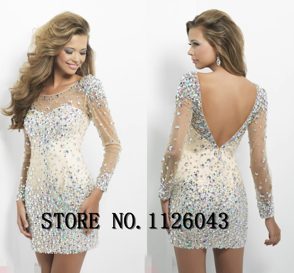 Champagne-Short-Homecoming-Dress-2014-Long-Sleeve-Beading-Above-Knee ...