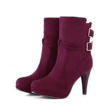 Nubuck leather solid round toe women Thin heel Ankle boots 2014 new square heels metal belt