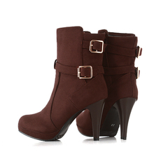 Nubuck leather solid round toe women Thin heel Ankle boots 2014 new square heels metal belt