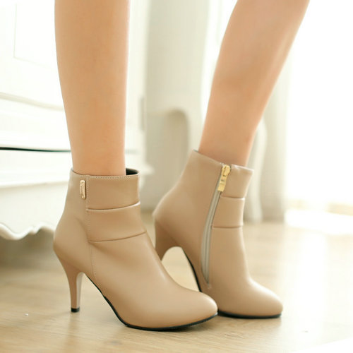 Black Apricot Heel 8 5CM Charm Women Thin Heels High Boots PU Zip Spring and Autumn