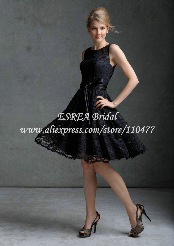 Gorgeous Sleeveless Ribbons Fully Short Lace Bridesmaid Dress Black Bride Maid Dress FK527