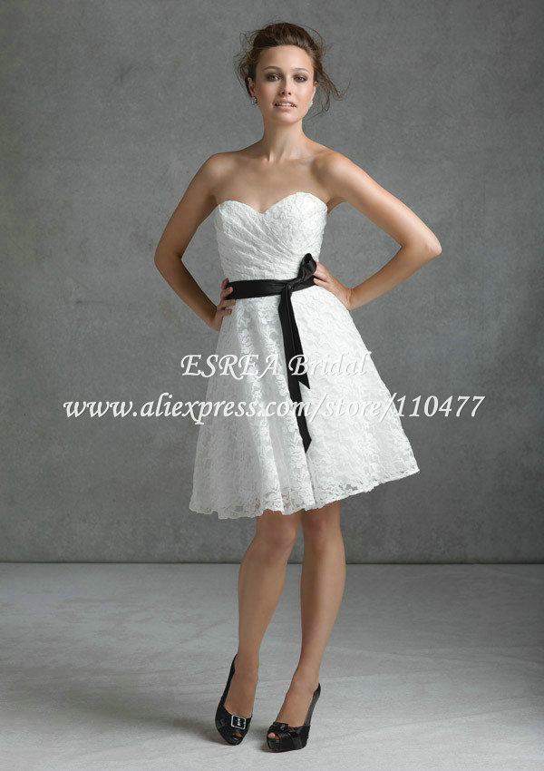 New Elegant Sweetheart Short Lace Bridesmaid Dresses White with Balck Belt FK528 Wedding Party Dress