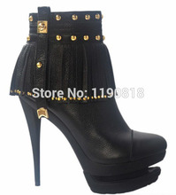 High Quality Round Head Double Platform Stiletto Heel Boots Black Tassel 2014 Fashion Ankle Boot Women