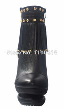 High Quality Round Head Double Platform Stiletto Heel Boots Black Tassel 2014 Fashion Ankle Boot Women