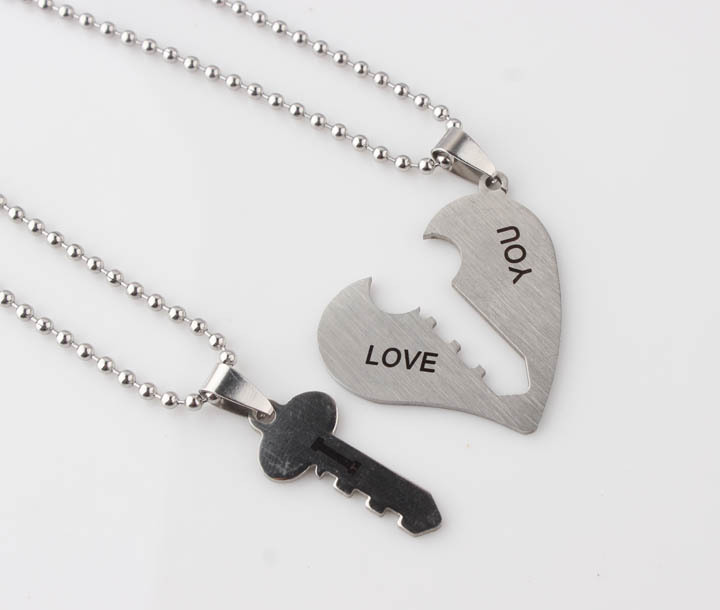 A Pair His Hers Couples Love Heart Lucky Key Heart CZ Stainless Steel Pendant with Chain