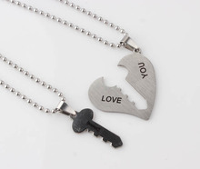A Pair His & Hers Couples Love Heart Lucky Key Heart CZ Stainless Steel Pendant with Chain Necklace Free Shipping