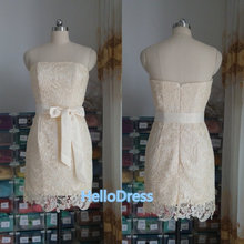 Short Strapless Sweetheart Champagne Bridesmaid Wedding Party Prom Reception Dress with Bow Belt