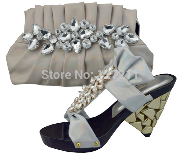 Item No 1308 L6 silver latest pattern European ladies shoes and bags set top sale Italian