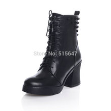 New Stylish Womens Cow Leather Lace Up Ankle Boots Chunky High Heels Creepers us size4 5