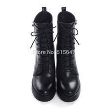 New Stylish Womens Cow Leather Lace Up Ankle Boots Chunky High Heels Creepers us size4 5