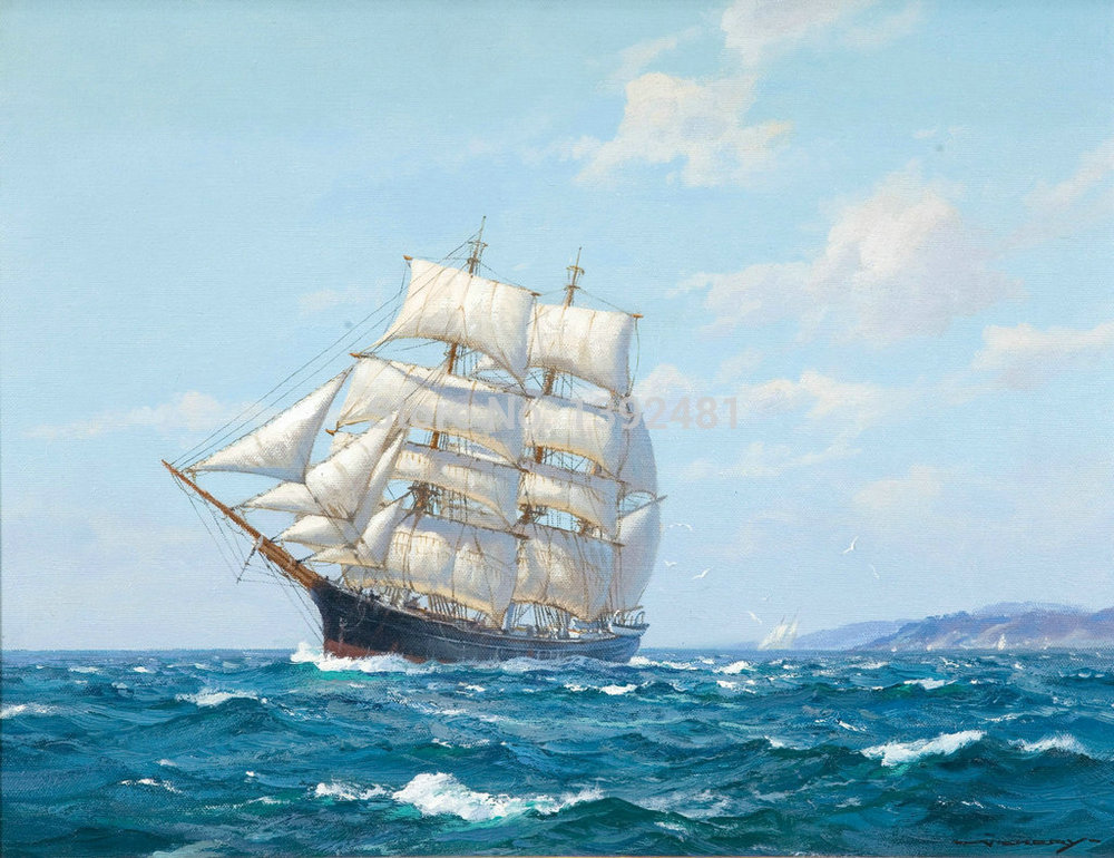 Sailing Warship On Blue Sea Oil Painting Naturalism Boat Ship Black 