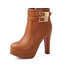 PU Round toe Square high heels zipper belt buckle women fashion boots,2014 Autumn New Western princess platform ladies shoes
