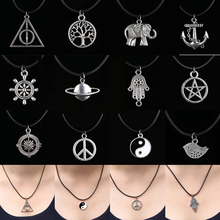 12 Style New Charms Tibetan Silver Pendant Necklace Choker Charm Black Leather Cord Handmade Necklaces 26FMHM115