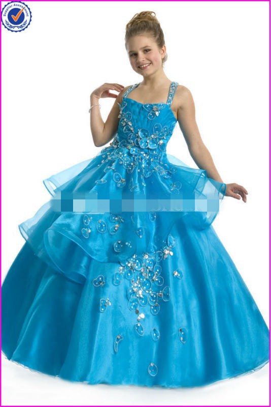 2014 Jewelry Blue High Standard Sleeveless Flower Girl Dresses Custom Made 2 4 6 8 10