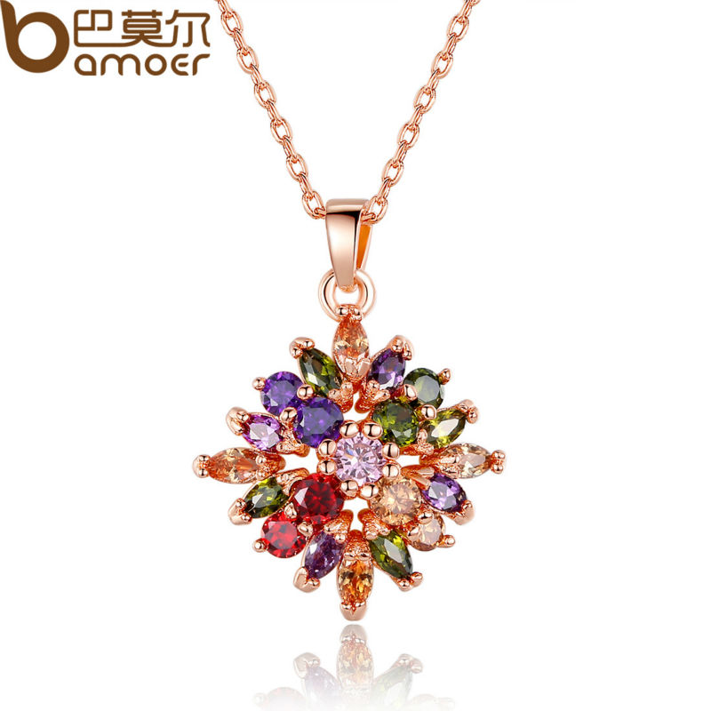Bamoer Fashion 18K Real Gold Plated Rhombus Necklaces Pendants with Colorized AAA Cubic Zircon For Women