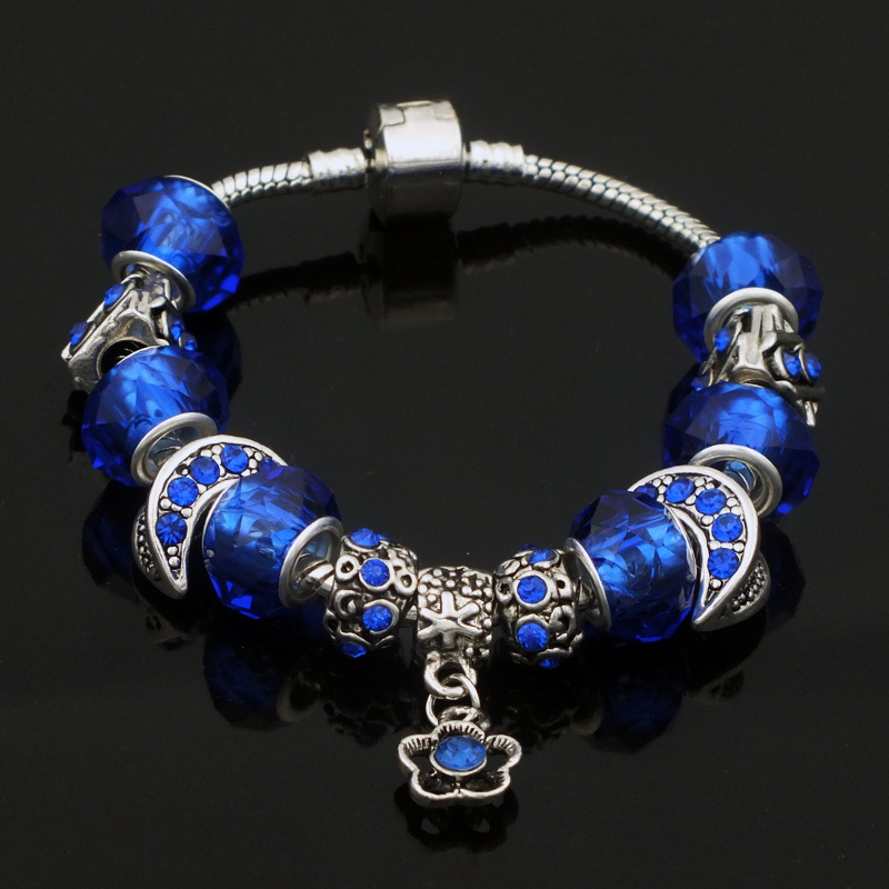 DIY Handmade Women Blue Color Snake Chain Crystal Bracelets Bangles Jewelry Fit with European Pandora Metal