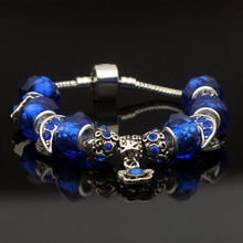 DIY Handmade Women Blue Color Snake Chain Crystal Bracelets Bangles Jewelry Fit with European Pandora Metal