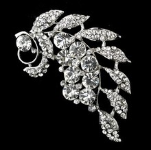 3″ Leaf Flower Diamante Brooch Rhodium Silver Plated Vintage Style Rhinestone Broach Pin