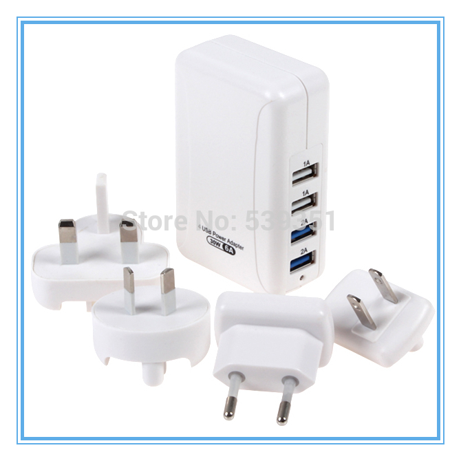 Free Shipping 5V 6A 4 USB Port HUB Wall Charger Power Adapter with 4 AC Plugs