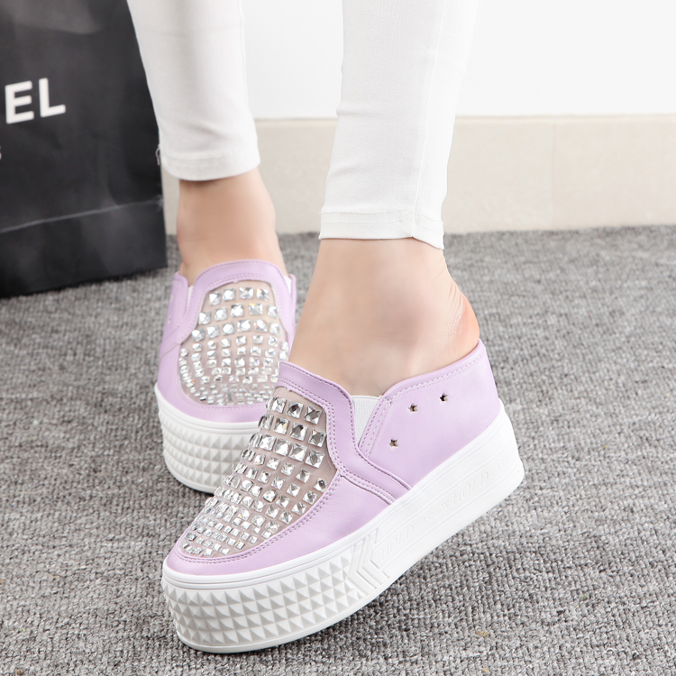 Lounged 2014 summer casual shoes net fabric rhinestone slippers elevator half slippers platform sandals women s