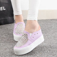 Lounged 2014 summer casual shoes net fabric rhinestone slippers elevator half-slippers platform sandals women’s shoes