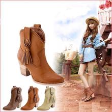 Free shipping ankle boots high heel shoes 2014 fashion sexy tassel women boot leather ankle autumn boots cowboy boots size 34-43