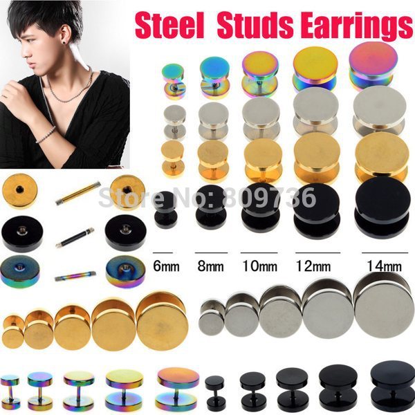 A Pair of 2Pcs Mens Barbell Punk Gothic 6 14mm Stainless Steel Ear Studs Fake Ear