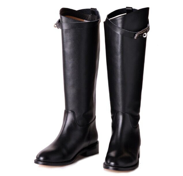 Brand Designer Sliver Metal Buckle Knee High Genuine Leather Women Autumn Winter Flats Tall Martin Knight