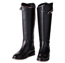 Brand Designer Sliver Metal Buckle Knee High Genuine Leather Women Autumn Winter Flats Tall Martin Knight