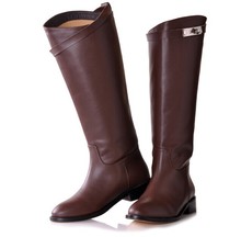 Brand Designer Sliver Metal Buckle Knee High Genuine Leather Women Autumn Winter Flats Tall Martin Knight