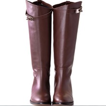 Brand Designer Sliver Metal Buckle Knee High Genuine Leather Women Autumn Winter Flats Tall Martin Knight