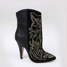 2014 winter Fashion flower rivet genuine leather women’s shoes stiletto pointed toe boots elegant boots size red black 36-40