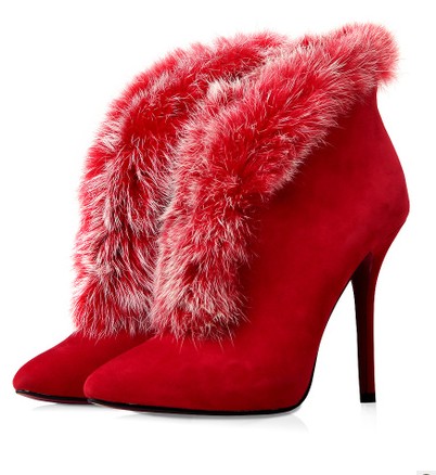 2014 winter women fashion solid color velvet pointed toe thin heels boots ankle boots red black