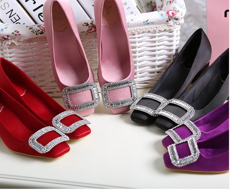 Rhinestone Fashion Ladies Square Toe Pink Square Heels Bridal V Wedding Shoes For Women High Purple