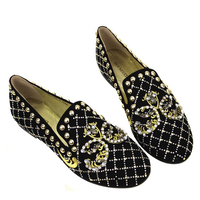 2014 fashion women brand designer black round toe genuine leather rhinestone rivet flat embroidery women s
