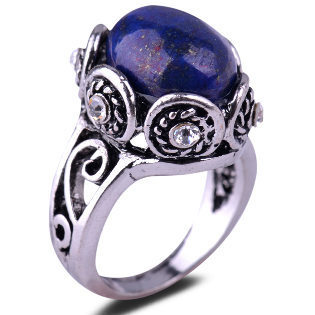 Retro Silver Craved Oval Blue Lapis Lazuli Size 6 5 8 9 Crystal Jewelry Gem Ring