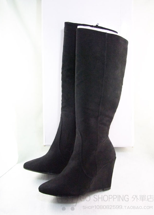 2014 autumn and winter women Fashion pointed toe black side zipper wedges boots knee high high