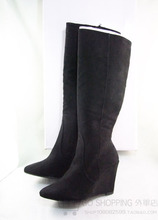 2014 autumn and winter women Fashion pointed toe black side zipper wedges boots knee high high
