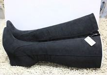 2014 autumn and winter women Fashion pointed toe black side zipper wedges boots knee high high