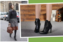 2014 autumn fashion brand designer women genuine leather high-heeled pointed toe buckle side zipper cool ankle boots black