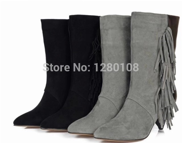 2014 autumn tassel martin boots cowhide patchwork mid calf boots genuine leather pointed toe thick heel