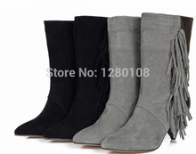 2014 autumn tassel martin boots cowhide patchwork mid-calf boots genuine leather pointed toe thick heel brand designer boots