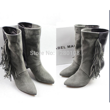 2014 autumn tassel martin boots cowhide patchwork mid calf boots genuine leather pointed toe thick heel