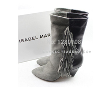 2014 autumn tassel martin boots cowhide patchwork mid calf boots genuine leather pointed toe thick heel